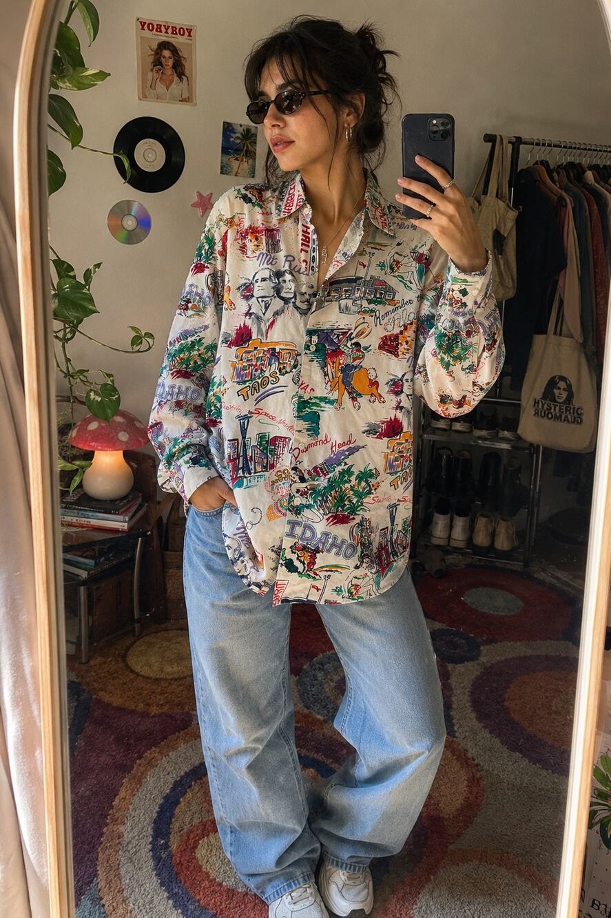 Vintage Esprit Sport Oversized Button Down Shirt Graphic Print Medium